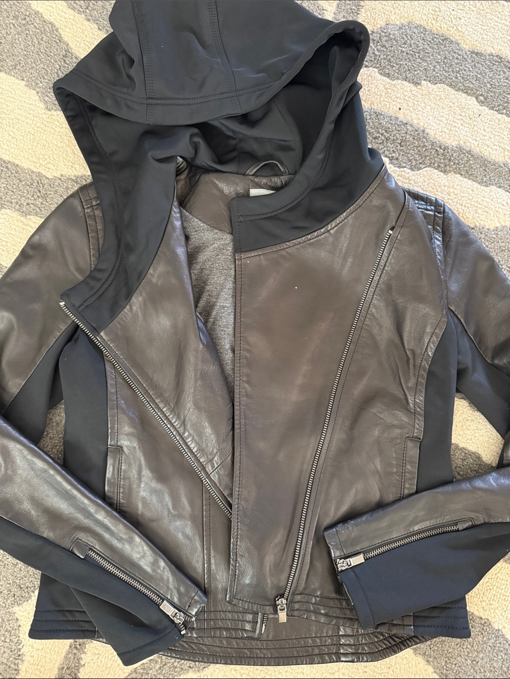 Athleta Black Leather Hooded Moto Jacket with Fabric Panels